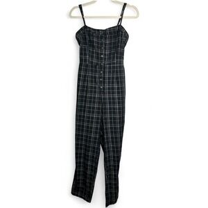 Lush Black Plaid Button Front Jumpsuit Small Strappy Cutout Back One Piece
